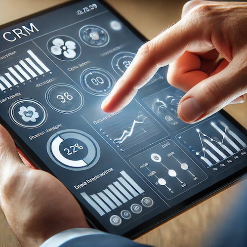 Close-up-of-a-tablet-screen-showing-a-user-interacting-with-a-CRM-interface.-The-interface-should-display-various-charts-graphs-and-data-points