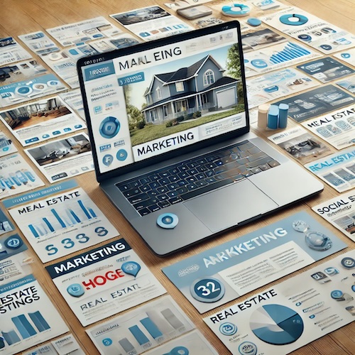 Laptop-screen-showing-a-variety-of-marketing-materials-for-real-estate-including-flyers-brochures-and-social-media-posts.-The-scene-should-depict