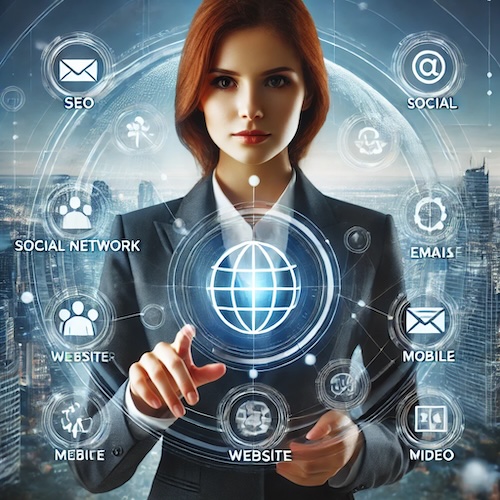 A-professional-businesswoman-in-a-suit-interacting-with-a-virtual-interface-showing-various-digital-marketing-elements-like-SEO-social-network-email